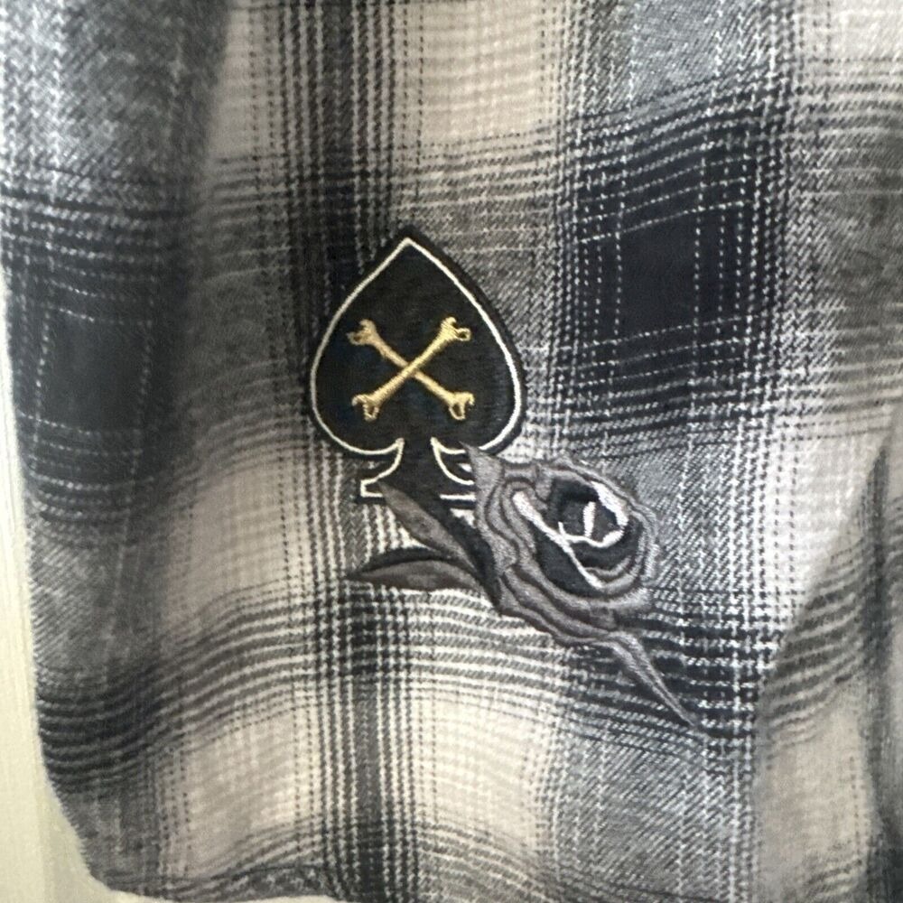 Plaid Flannel Shirt 3XL Embroidered Skull Rose Black White  Long Sleeve Nova Men - Picture 10 of 16